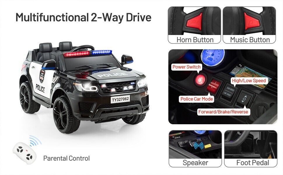 Electric Ride On Car for Kids with 3 Speeds, Lights, Music & Remote Control - 12V