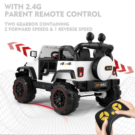 Electric Ride-On Car for Kids with Remote Control, Music Player, LED Lights, and USB Port - White