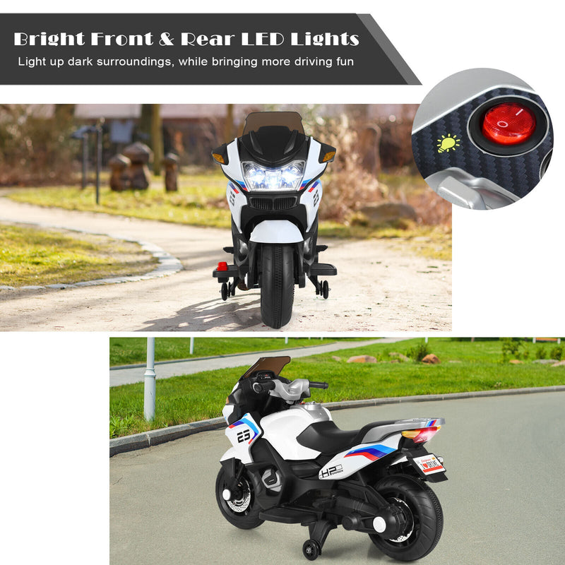 Electric Ride-On Motorcycle for Kids with LED Lights - White