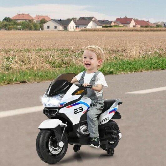 Electric Ride-On Motorcycle for Kids with Training Wheels and Lights - White