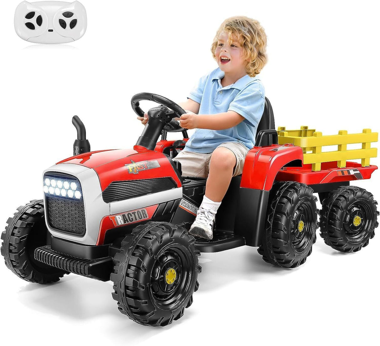 Electric Ride-On Tractor for Kids with Remote Control, LED Lights, and Music Player