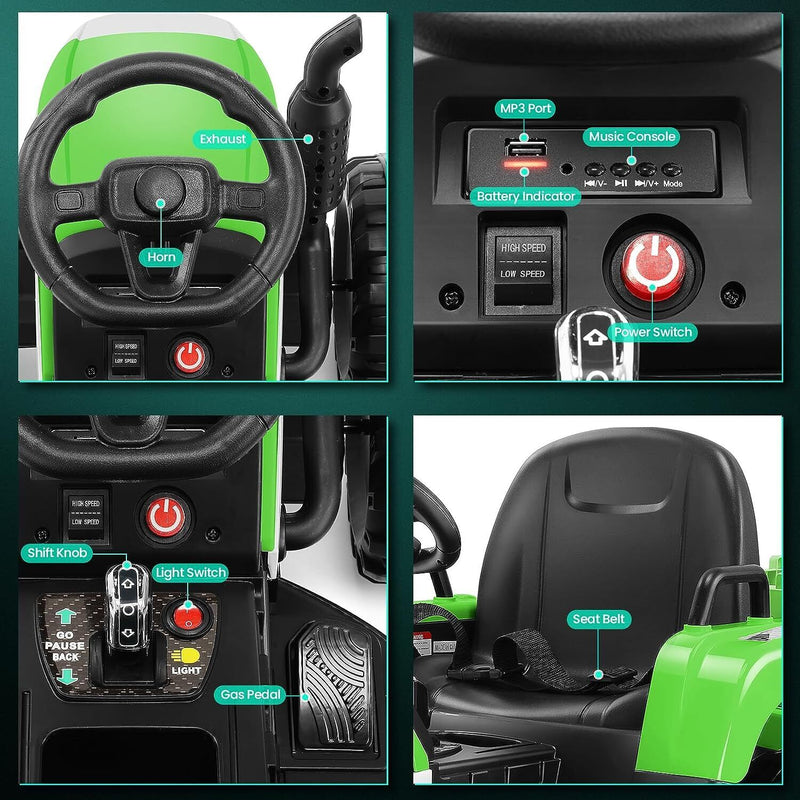 Electric Ride-On Tractor for Kids with Remote Control, LED Lights, and Music Player