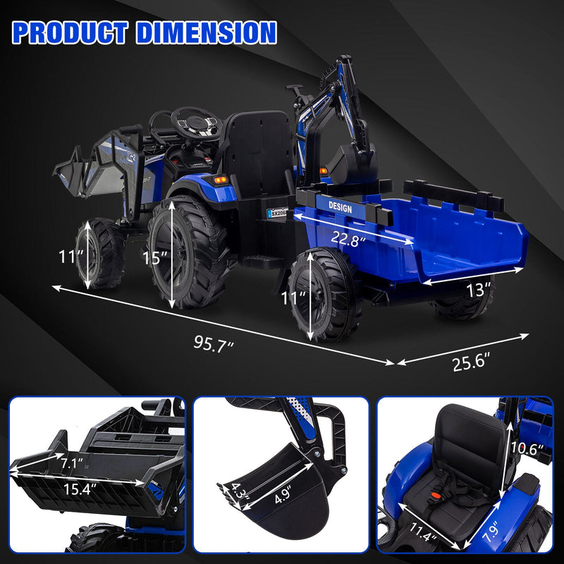 Electric Ride-On Tractor with Excavator, Bulldozer, and Trailer for Kids (24V)