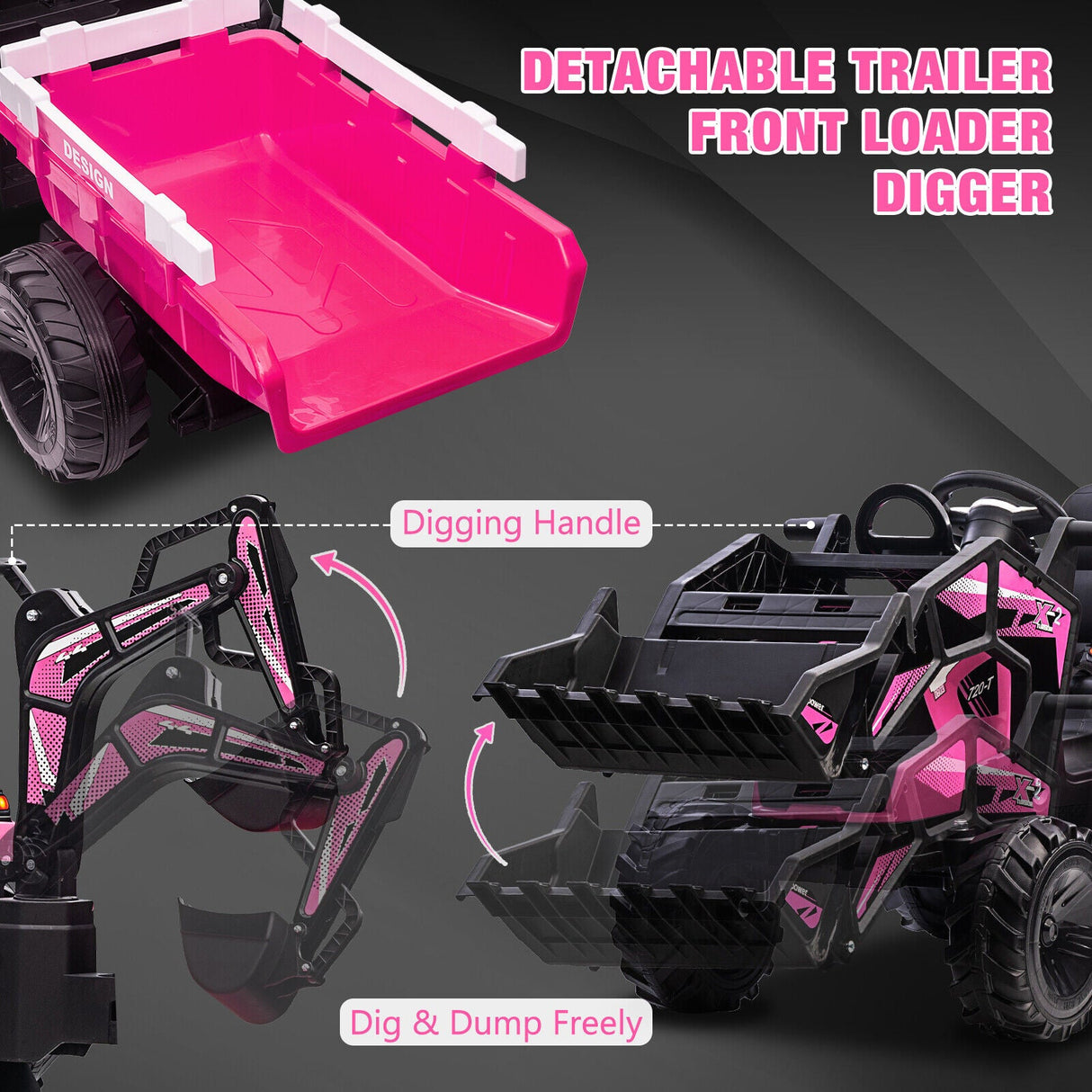 Electric Ride-On Tractor with Excavator, Bulldozer, and Trailer for Kids (24V)
