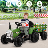 Electric Ride-On Tractor with Trailer and Remote Control - Dark Green with Lights