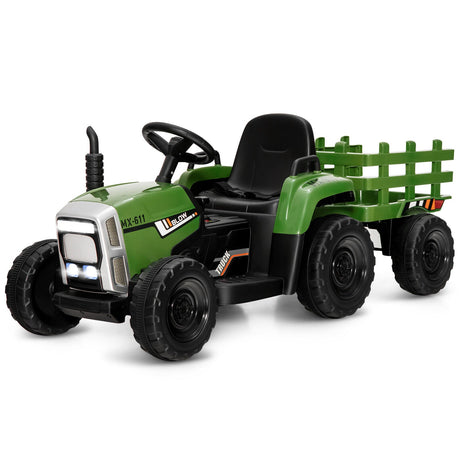 Electric Ride-On Tractor with Trailer and Remote Control - Dark Green with Lights