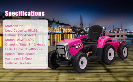 Electric Ride-On Tractor with Trailer and Remote Control for Kids (12V)
