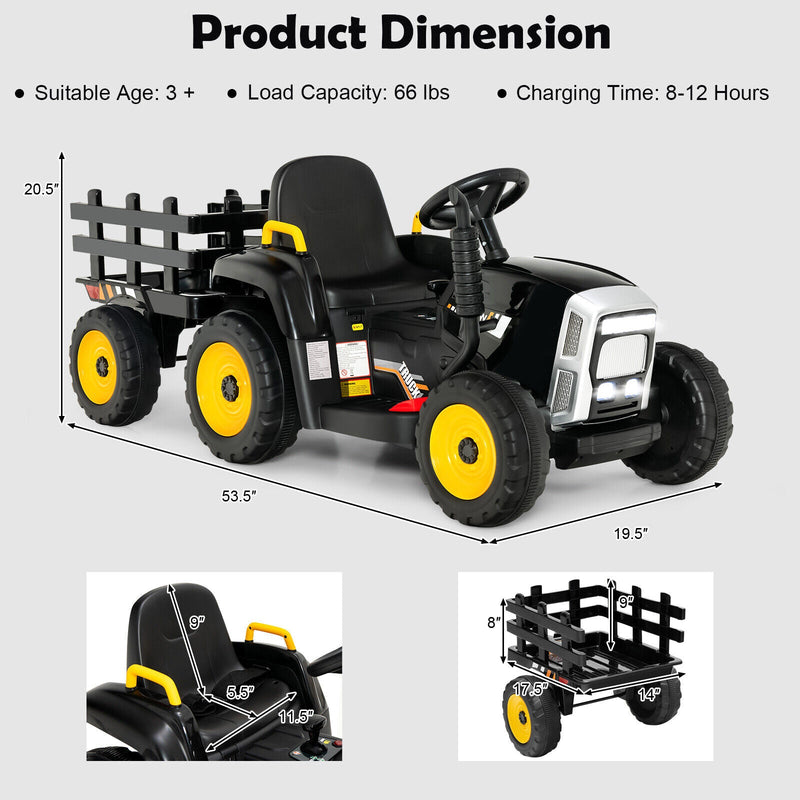 Electric Ride-on Tractor with Trailer for Kids - 3 Speeds & Remote Control - Black