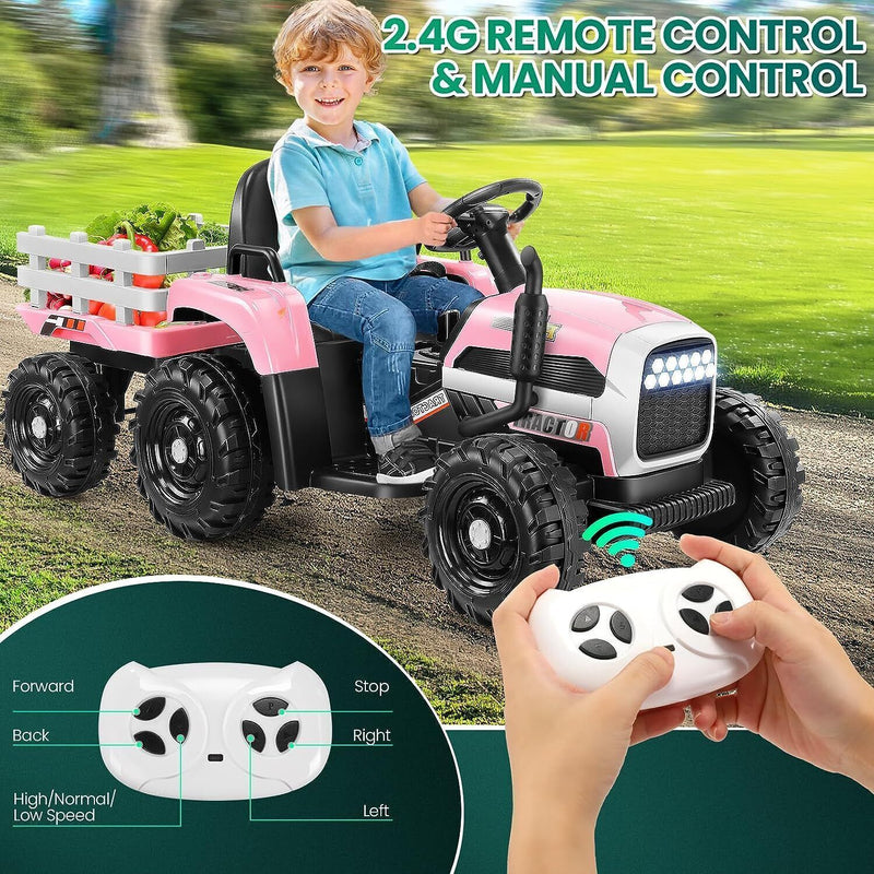 12V Electric Ride On Tractor Car with Trailer and Remote Control - 3 Speeds, 60W Motor