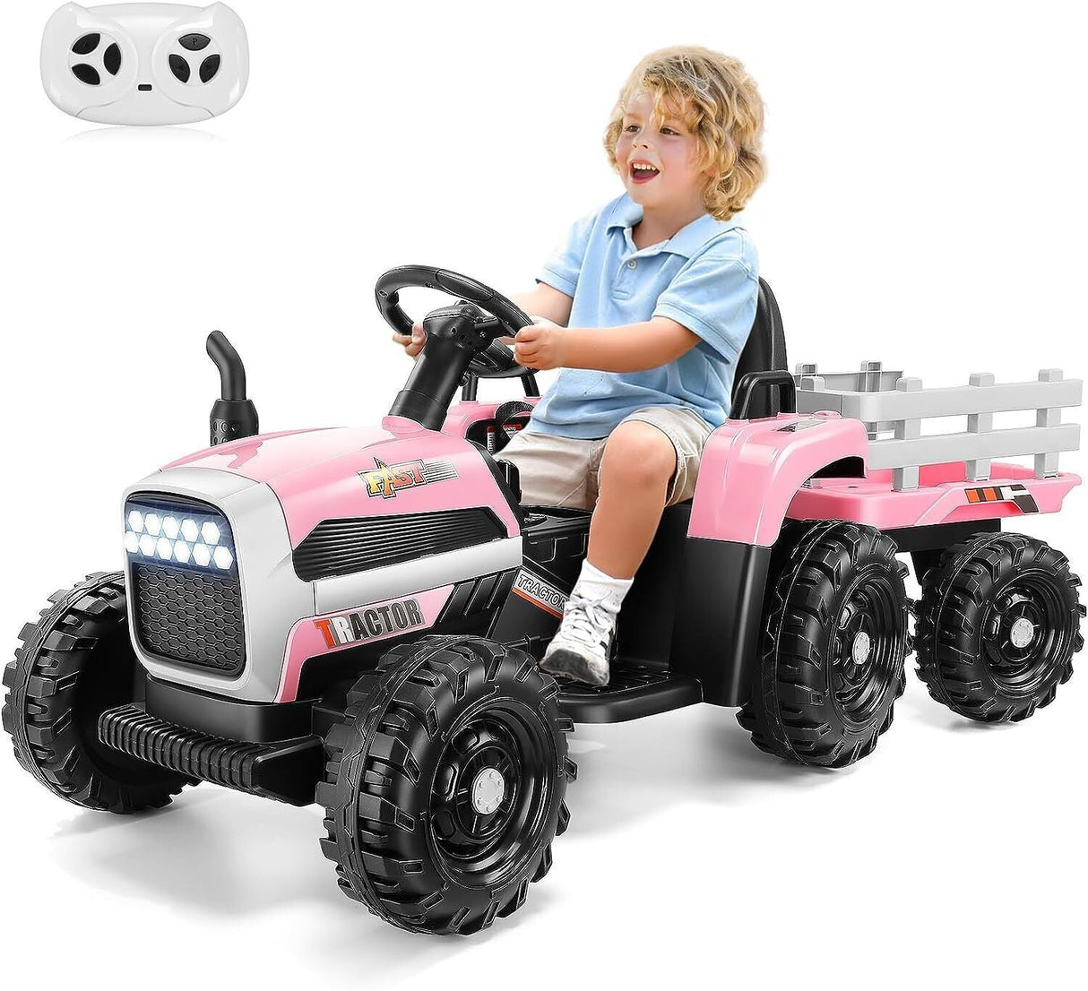 Electric Ride-On Tractor Car Toy with Trailer for Kids - 12V, 60W, 3-Speed, Remote Control and AUX Port
