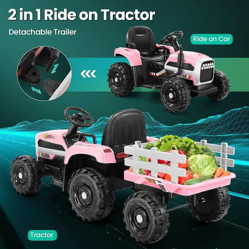 Electric Ride-On Tractor Car Toy with Trailer for Kids - 12V, 60W, 3-Speed, Remote Control and AUX Port