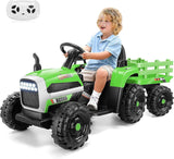 Electric Ride-On Tractor Car Toy with Trailer for Kids - 12V, 60W, 3-Speed, Remote Control and AUX Port