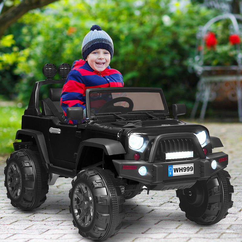 Electric Ride-On Truck for Kids with RC Control, Spring Suspension, Lights, Music, and Trunk - Black