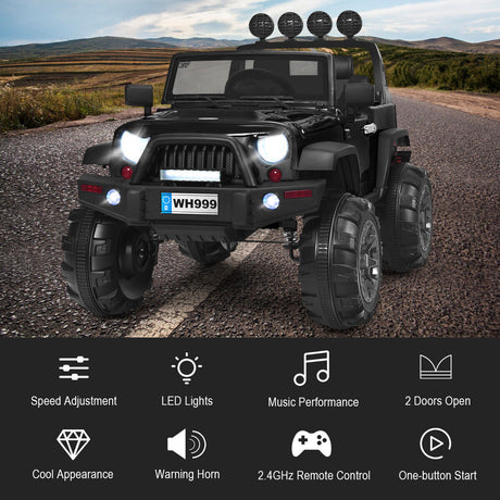 Electric Ride-On Truck for Kids with RC Control, Spring Suspension, Lights, Music, and Trunk - Black