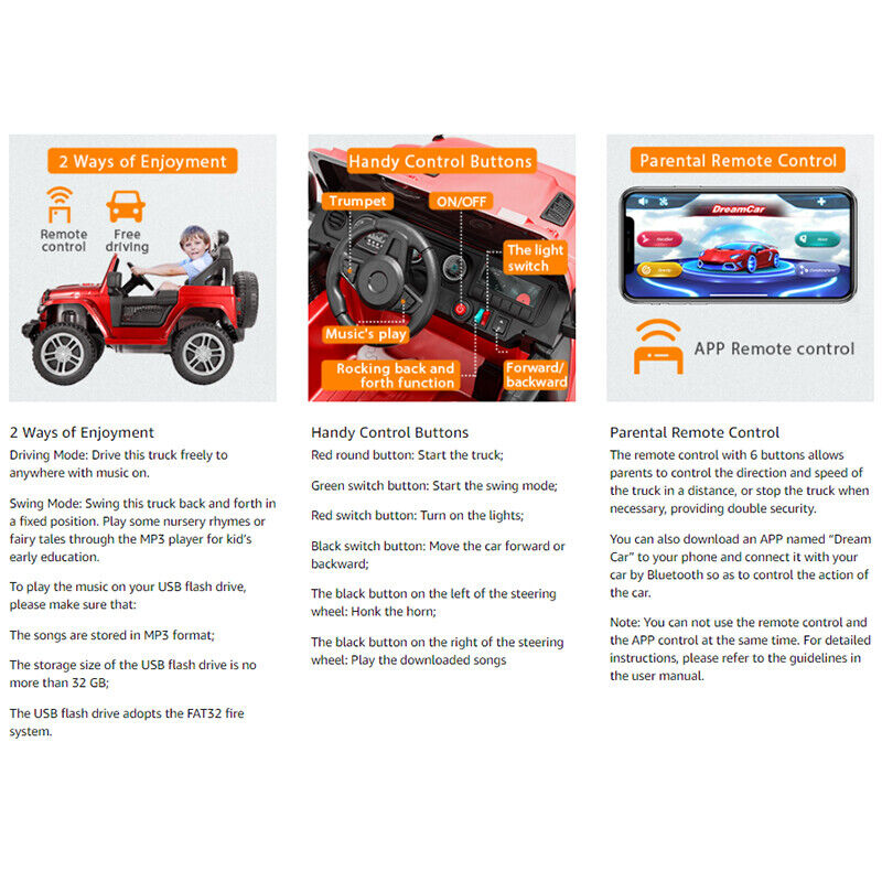 Electric Ride-On Truck for Kids with Remote Control, LED Lights, 3 Speeds, and Music