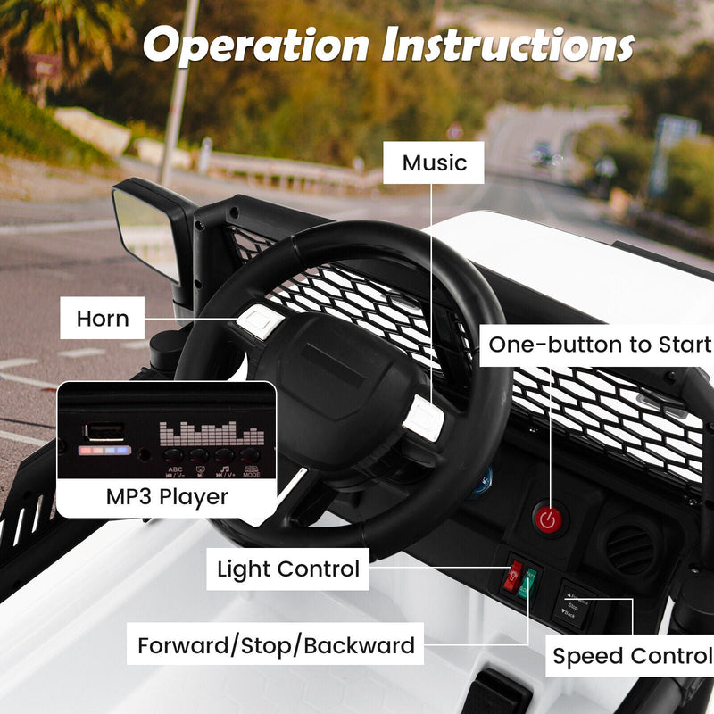 Electric Ride-On Truck for Kids with Remote Control, Lights, and Music - White