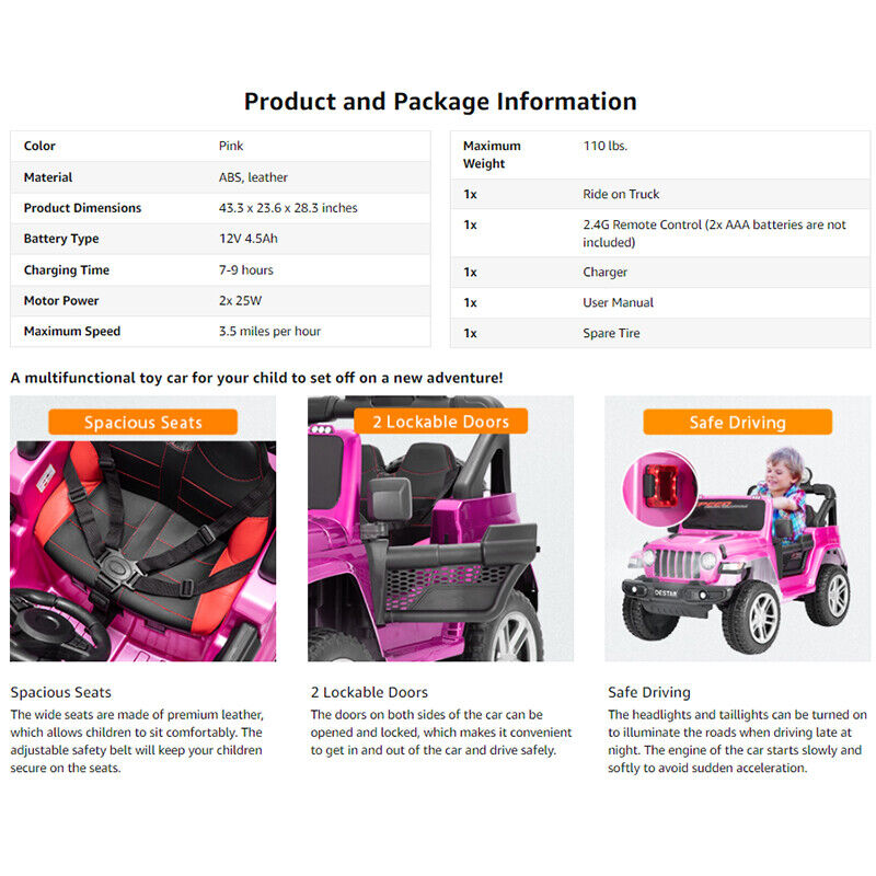 Electric Ride-On Truck for Kids with Remote Control, MP3 Player, LED Lights, and 3 Speeds - Pink