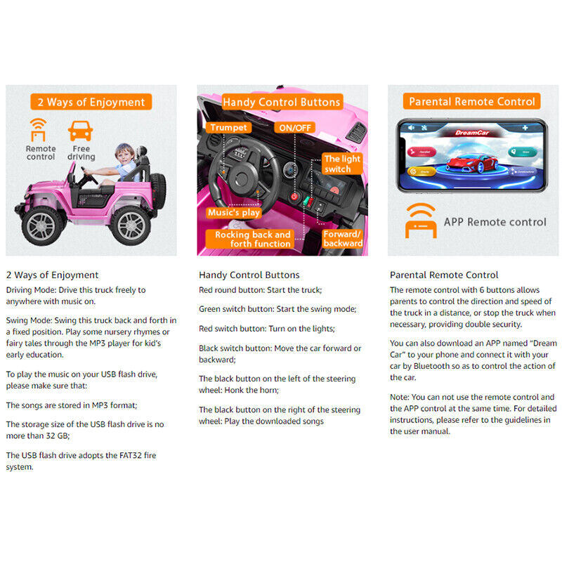 Electric Ride-On Truck for Kids with Remote Control, MP3 Player, LED Lights, and 3 Speeds - Pink