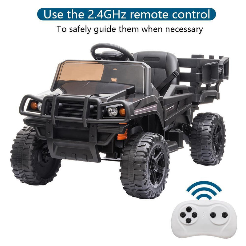 Electric Ride-On Truck with Music, Lights, and Detachable Trailer for Kids - Black