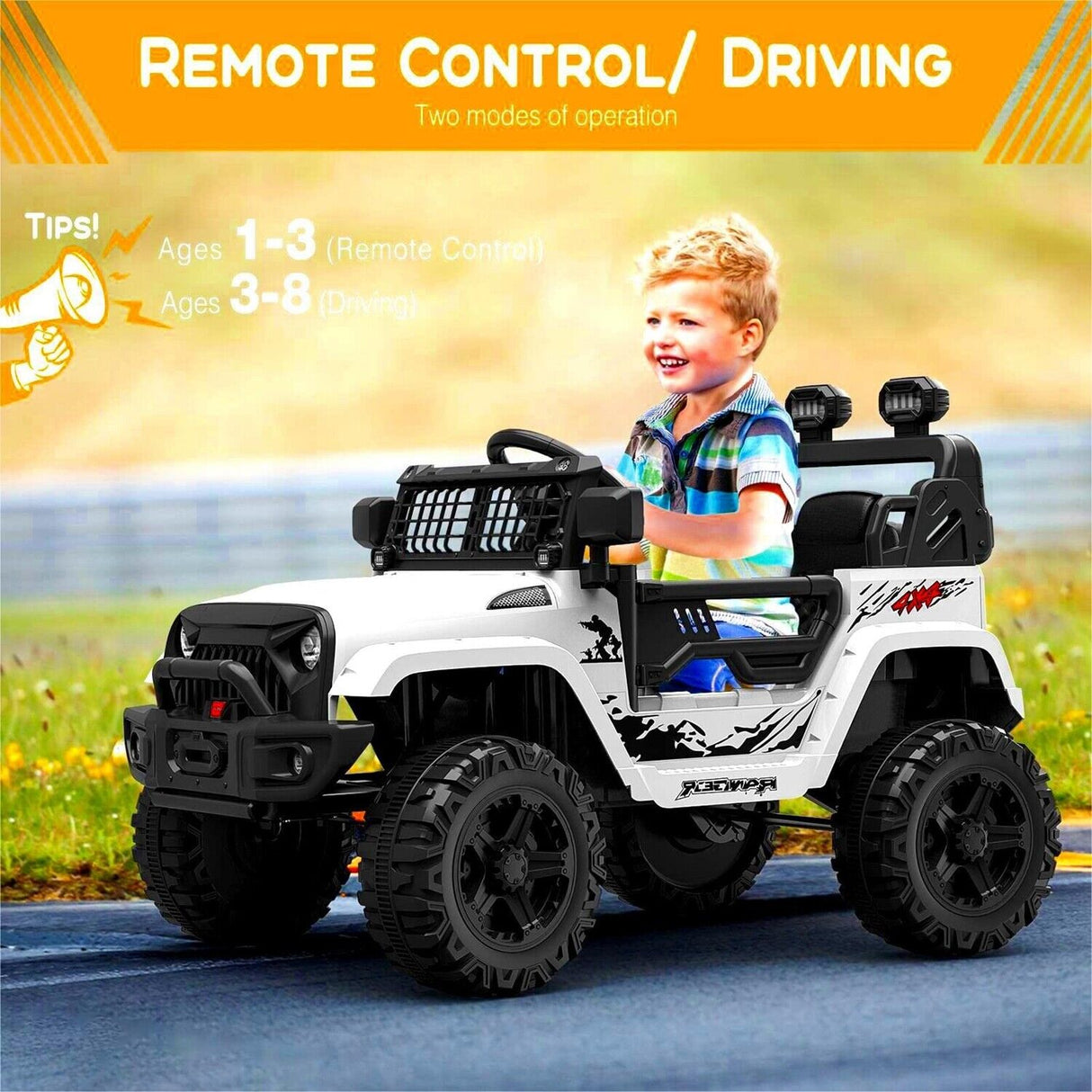 Jeep-Inspired 12V Ride-On Truck for Kids Ages 3-8, White