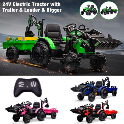 Electric Tractor Ride-On Toy Car for Kids with Trailer & LED Lights - 12V Battery Powered