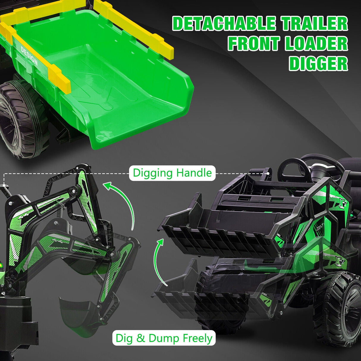 Electric Tractor Ride-On Toy Car for Kids with Trailer & LED Lights - 12V Battery Powered