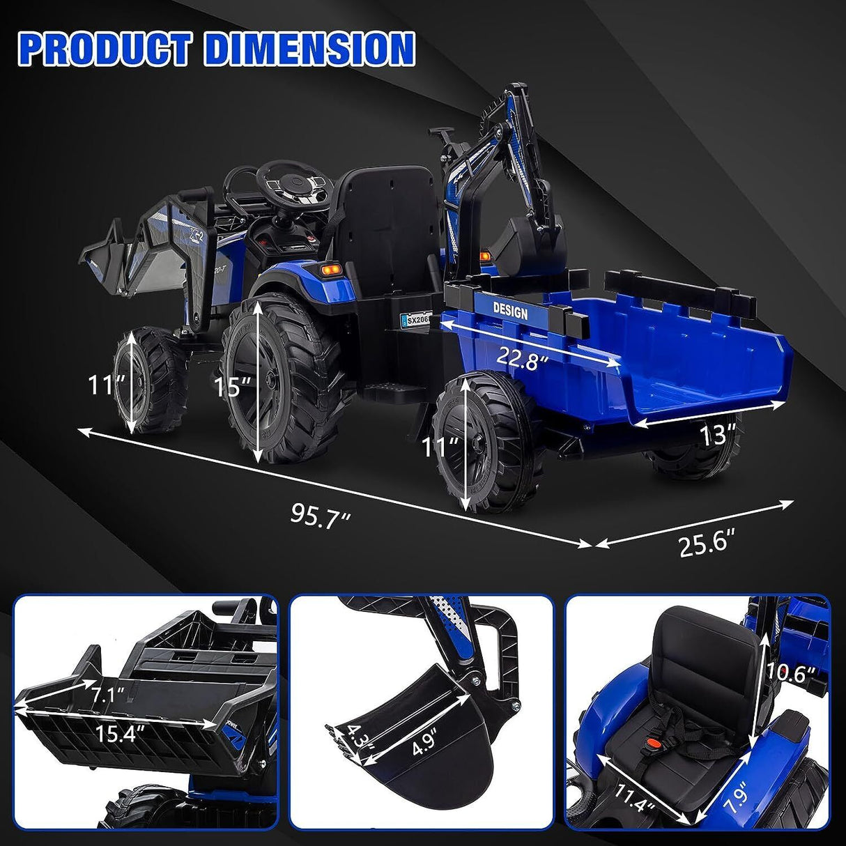 Electric Tractor Ride-On Toy Car for Kids with Trailer & LED Lights - 12V Battery Powered