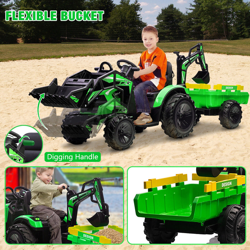 Electric Tractor Ride-On Toy Car for Kids with Trailer & LED Lights - 12V Battery Powered