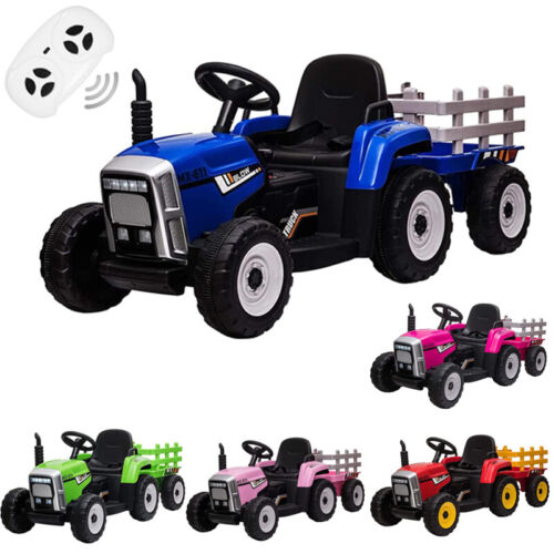 Electric Tractor Ride-On Toy with Trailer and LED Lights for Kids - 12V Battery Powered