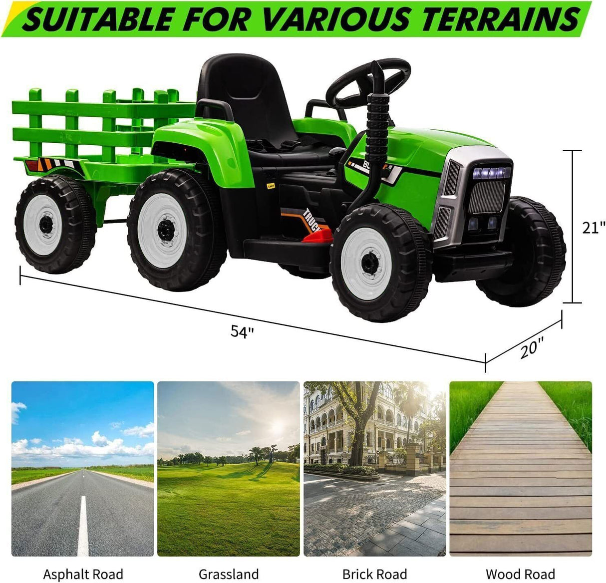 Electric Tractor Ride-On Toy with Trailer and LED Lights for Kids - 12V Battery Powered