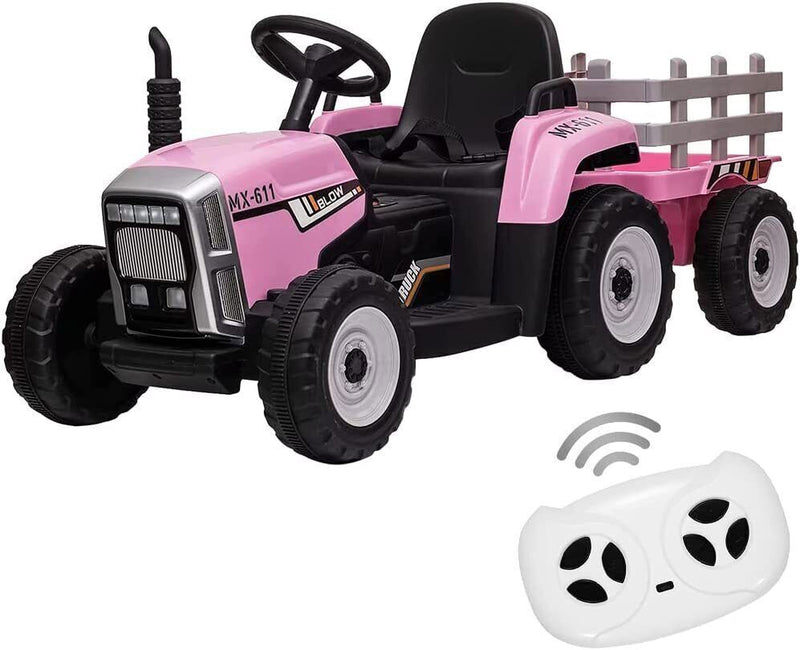 Electric Tractor Ride-On Toy with Trailer and LED Lights for Kids - 12V Battery Powered