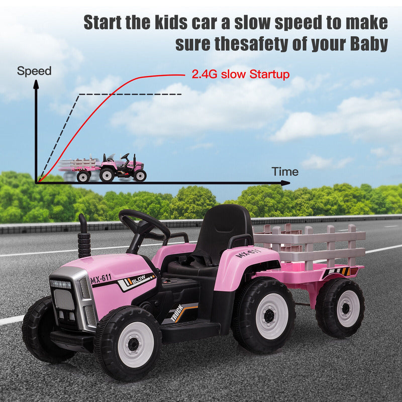 Electric Tractor Ride-On with Trailer and Remote Control for Kids - LED Headlights Included