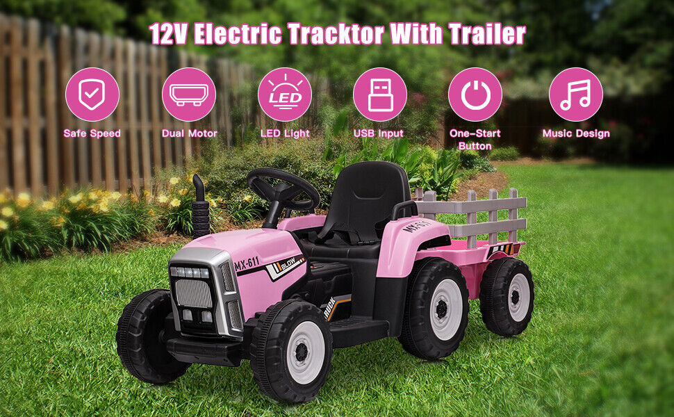 Electric Tractor Ride-On with Trailer and Remote Control for Kids - LED Headlights Included