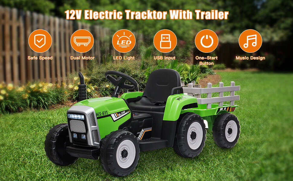 Electric Tractor Ride-On with Trailer and Remote Control for Kids - LED Headlights Included