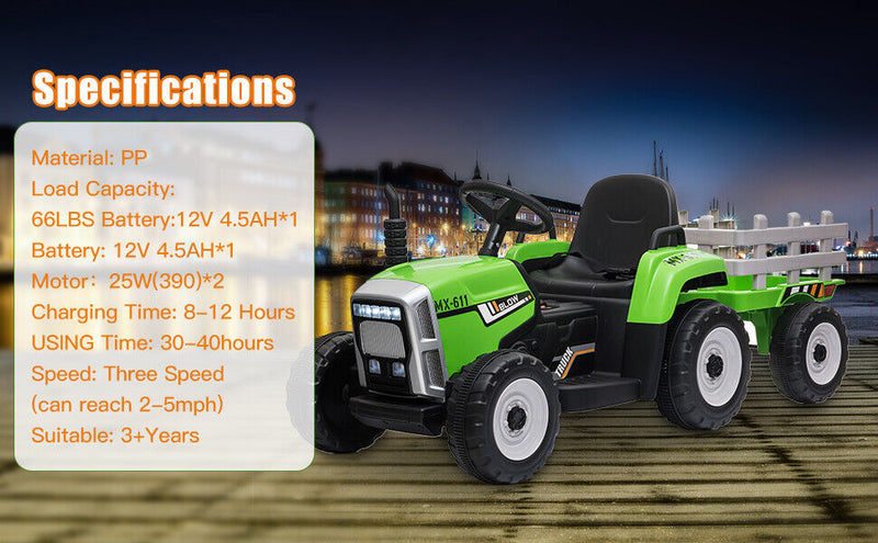 Green Electric Tractor with Trailer Ride-On Toy for Toddlers (12V) - Remote Control Included