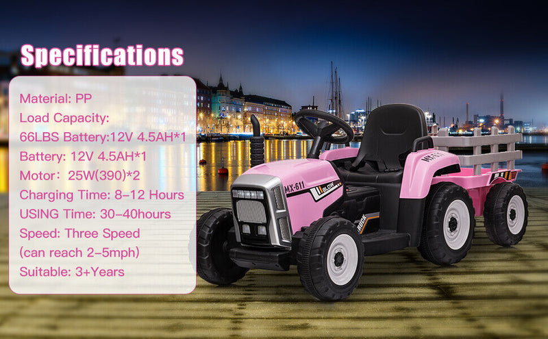 12V Pink Electric Ride-On Tractor with Trailer Bucket for Kids