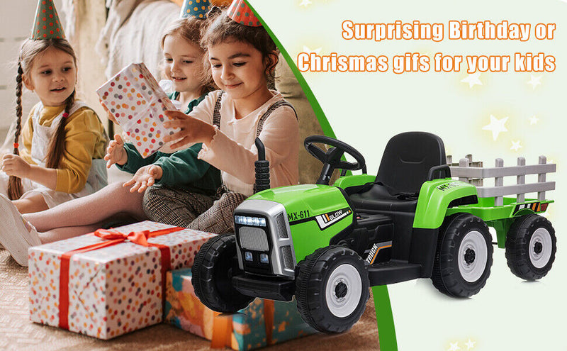 Green 12V Electric Tractor with Trailer for Kids - Remote Control Ride On Toy for Toddlers