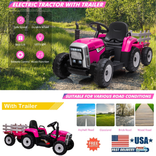 Electric Tractor with Trailer and Remote Control - Perfect Gift for Kids (12V Battery Powered)