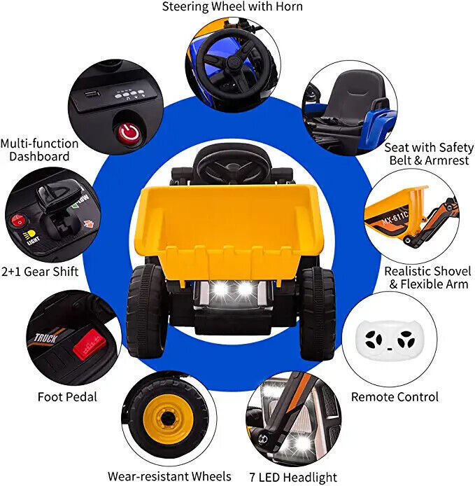 Excavate Fun with Our 12V Electric Ride-On Digger Truck for Kids - 3 Speeds, 7-LED Lights