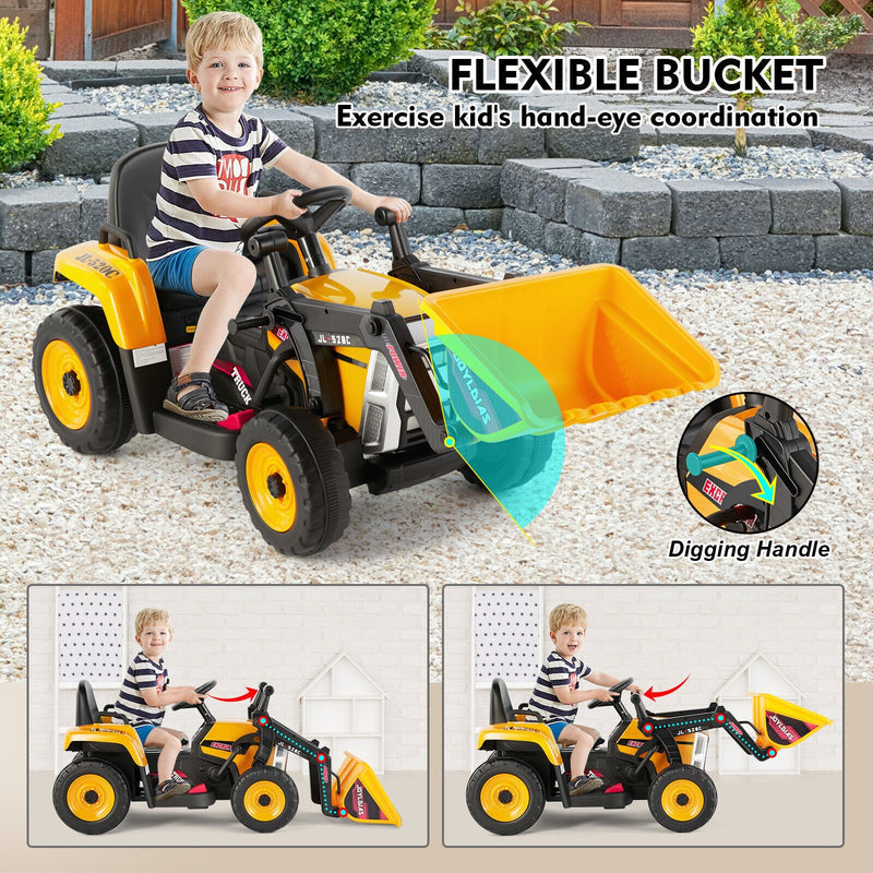 Electric Ride-On Excavator Digger with Bluetooth Music and Remote Control - 3 Speeds, Yellow