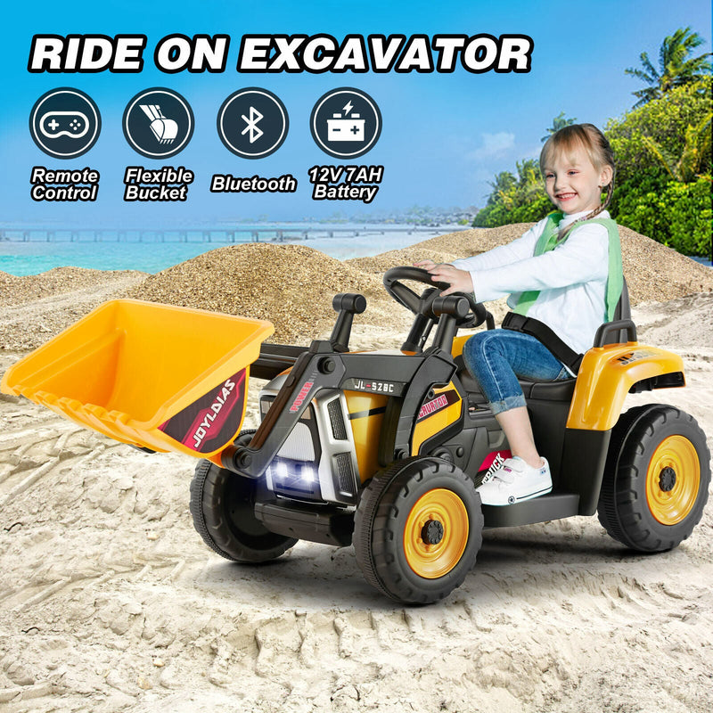 Electric Ride-On Excavator Digger with Bluetooth Music and Remote Control - 3 Speeds, Yellow