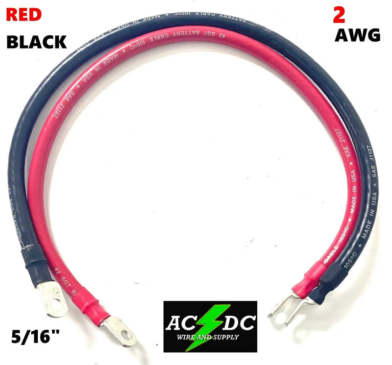 36 IN 2 AWG Gauge 5/16" Lug Battery Cable Inverter Cables Solar, RV, Car,Golf acdc wire and supply