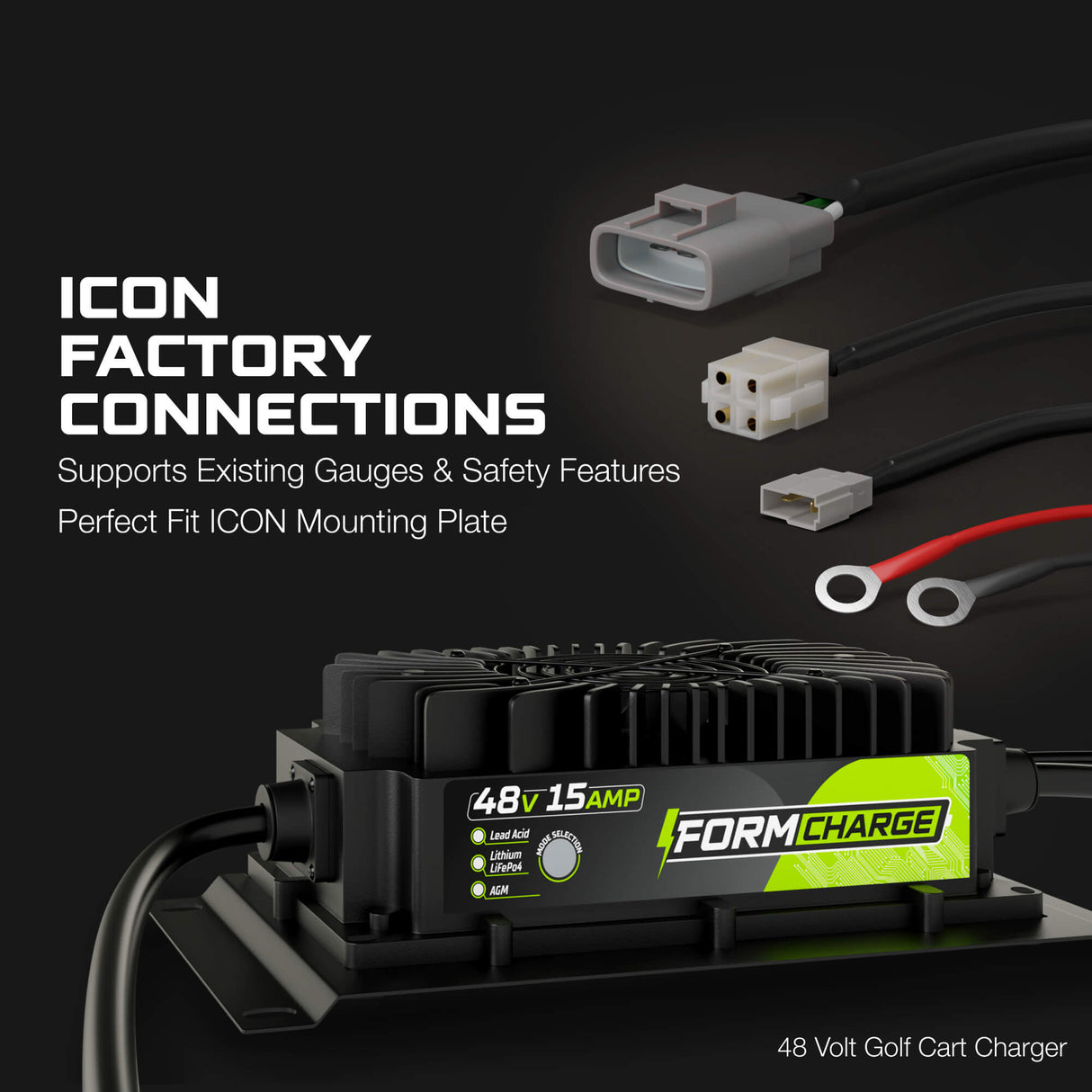 ICON 48 Volt Golf Cart Battery Charger - 48V 15 AMP Lithium, LiFePO4, Lead Acid, AGM FORM Charge