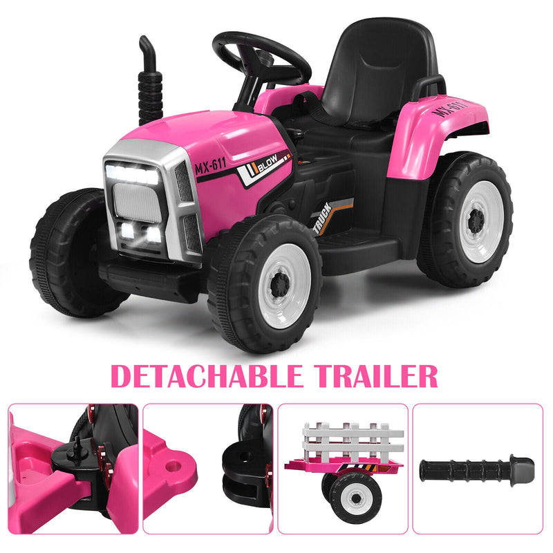 Fun and Functional 12V Pink Ride-On Tractor with Trailer and Remote Control for Kids, Featuring Lights and Ground Loader