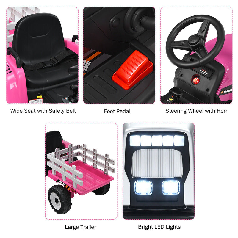 Fun and Functional 12V Pink Ride-On Tractor with Trailer and Remote Control for Kids, Featuring Lights and Ground Loader