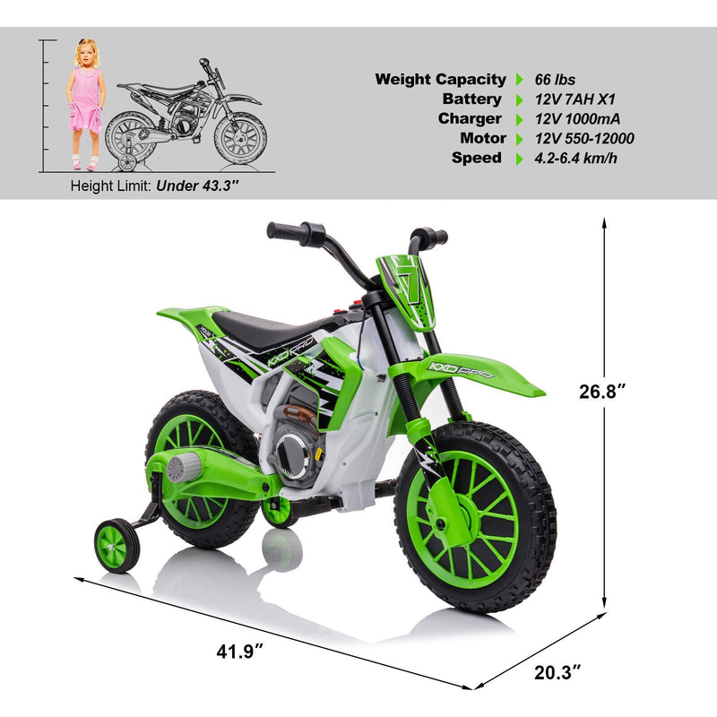 Green 12V Electric Kids Ride-On Motorcycle with Training Wheels