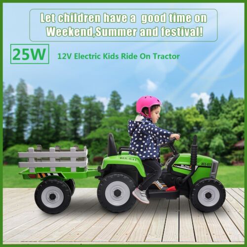 Green 12V Electric Tractor with Trailer for Toddlers - Remote Controlled Ride On Car