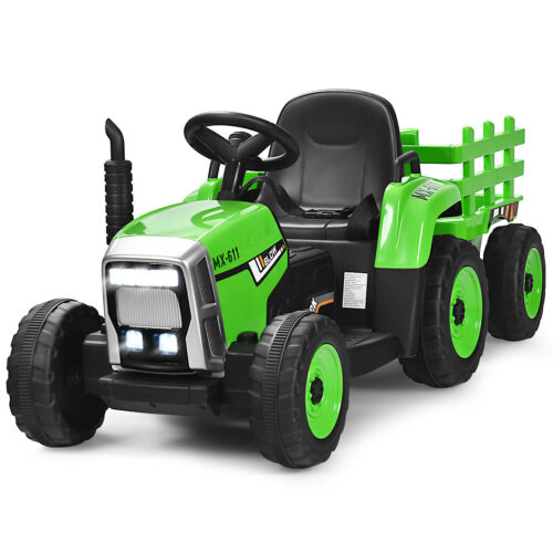 Green 12V Kids Ride On Tractor Trailer with RC Control and Lights
