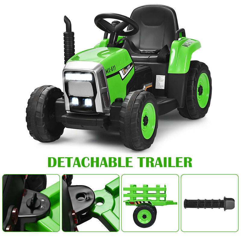 Green 12V Kids Ride On Tractor Trailer with RC Control and Lights