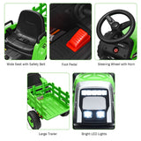 Green 12V Kids Ride On Tractor Trailer with RC Control and Lights